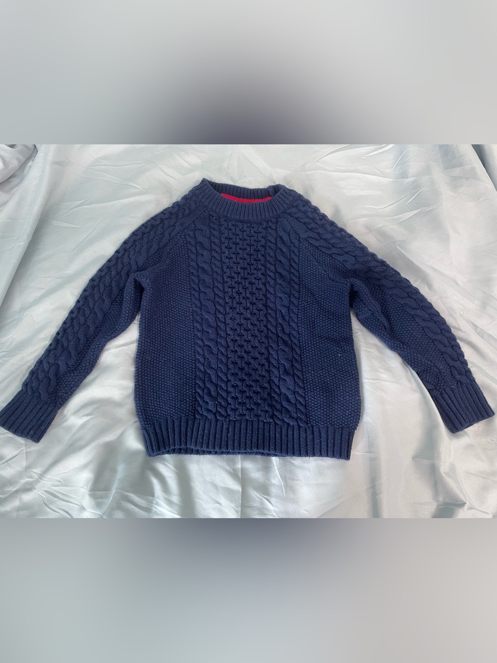 Mini Boden Navy Cable Knit Crew Sweater with Red Trim